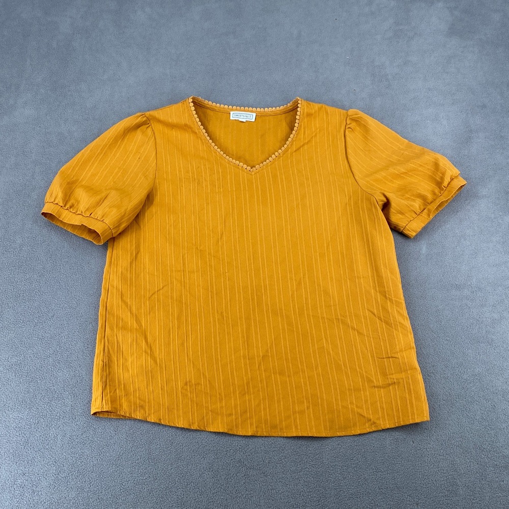Sweet Salt Mustard Yellow V-Neck Short Sleeve Textured Blouse Top Size Medium